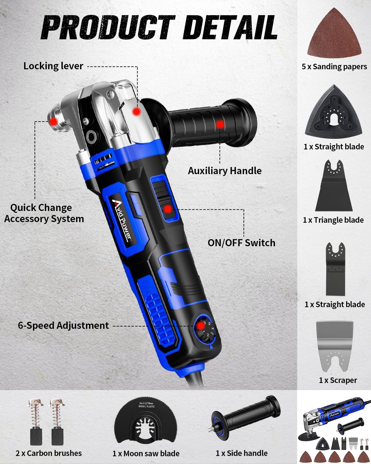 3.5Amp Oscillating Multi Tool 4.5 Angle 6 Speeds 13 PCS Accessories Blue