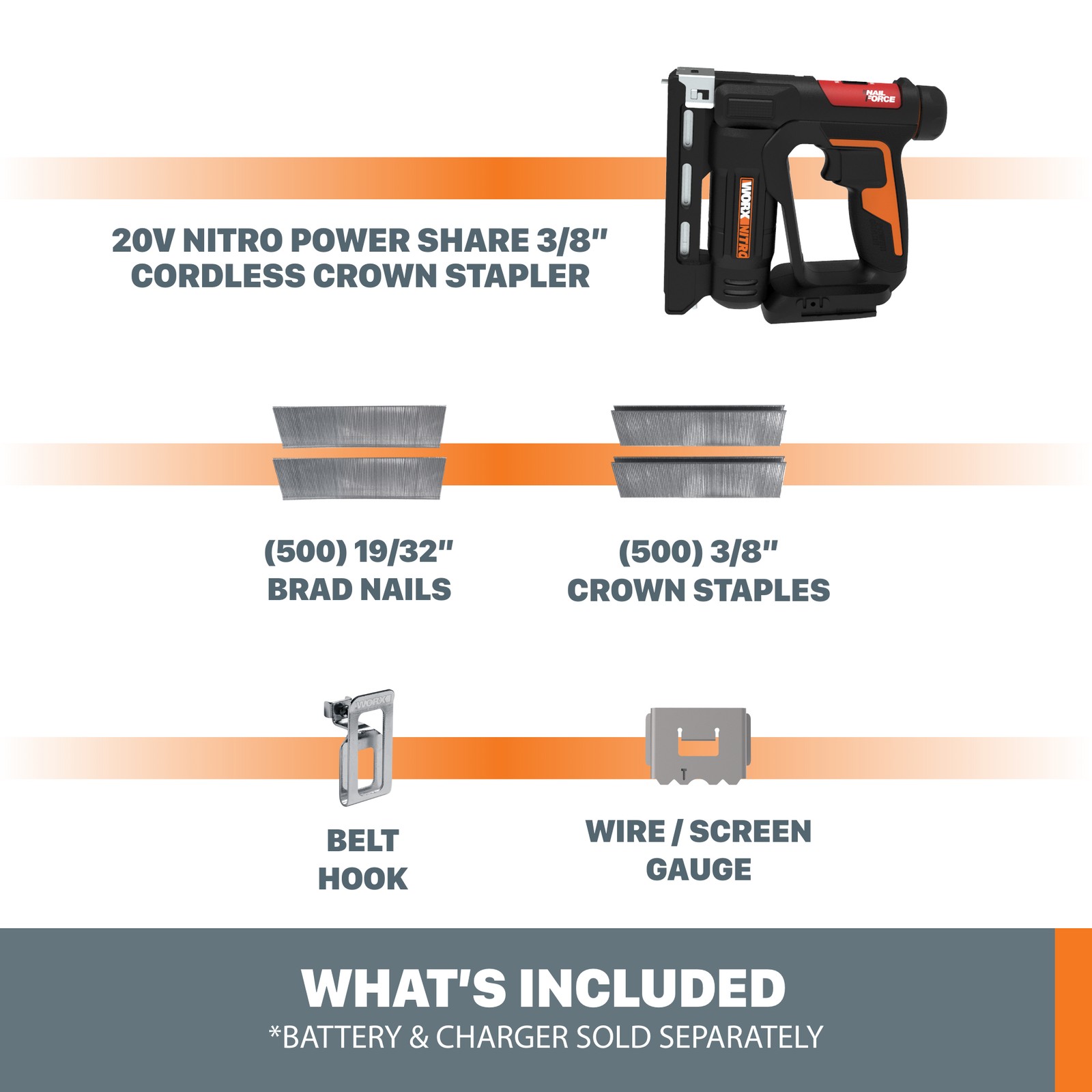 WX843L.9 Worx Nitro 20V 3/8&Prime; Crown Stapler w/ Air Impact (Tool Only/No Battery)