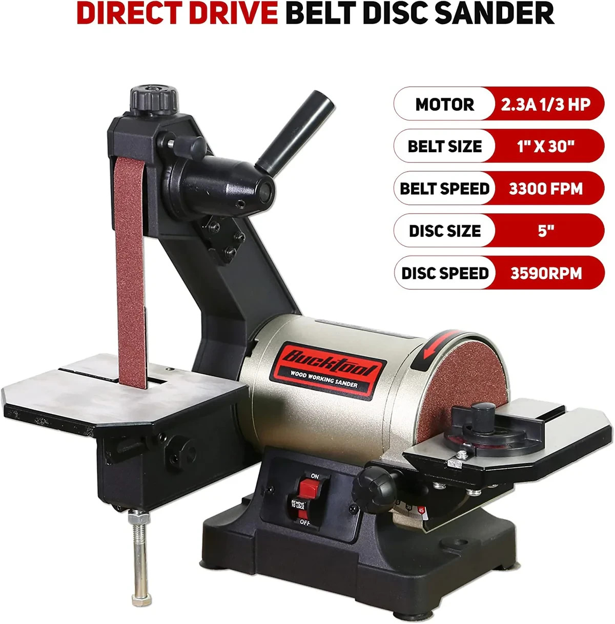 BUCKTOOL 1&Prime;x30&Prime; Bench Belt Sander with 5&Prime; Disc,1/3 HP Benchtop Belt Disc Sander
