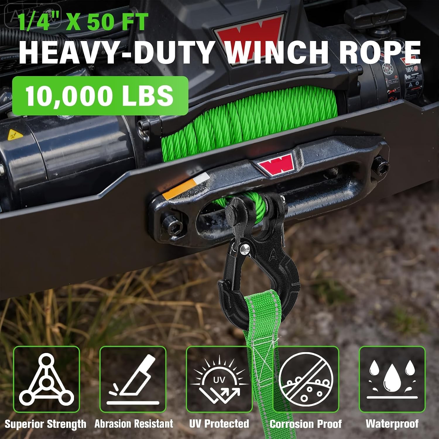 Synthetic Winch Rope Kit 1/4&Prime; x 50&prime; 10000 lb Green Kinetic Recovery Cable ATV