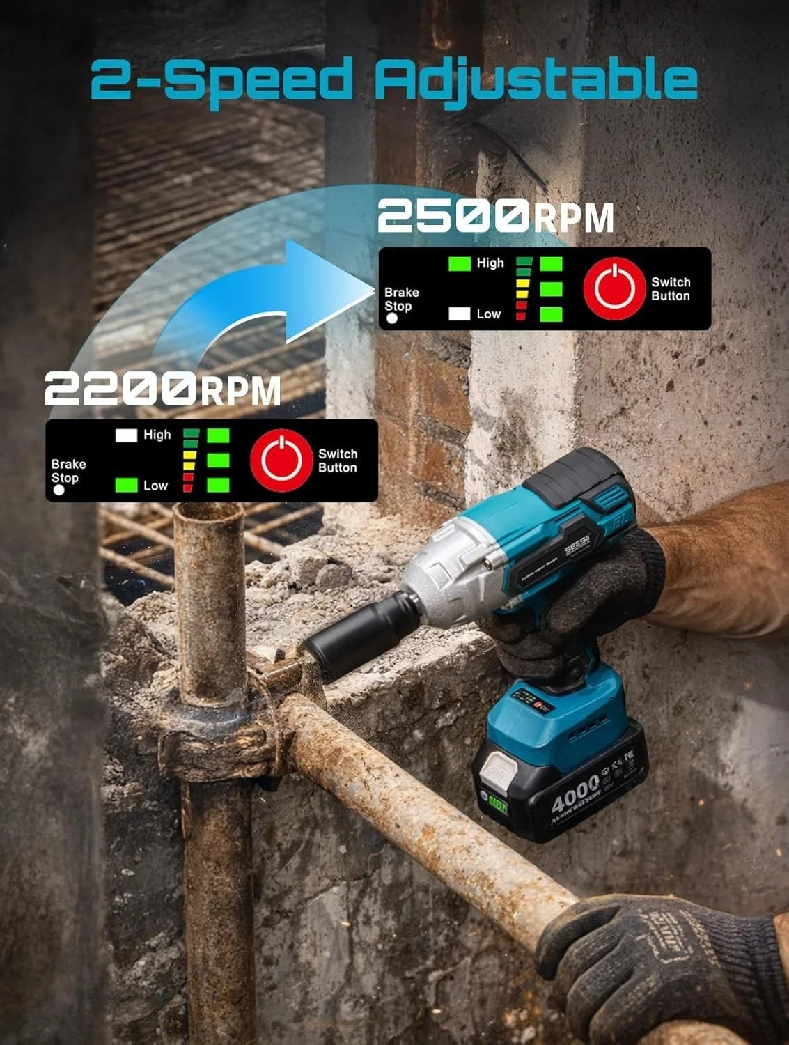 Seesii 650N.m (479ft-lbs) Cordless Impact Wrench High Torque,1/2&Prime; Brushless Imp