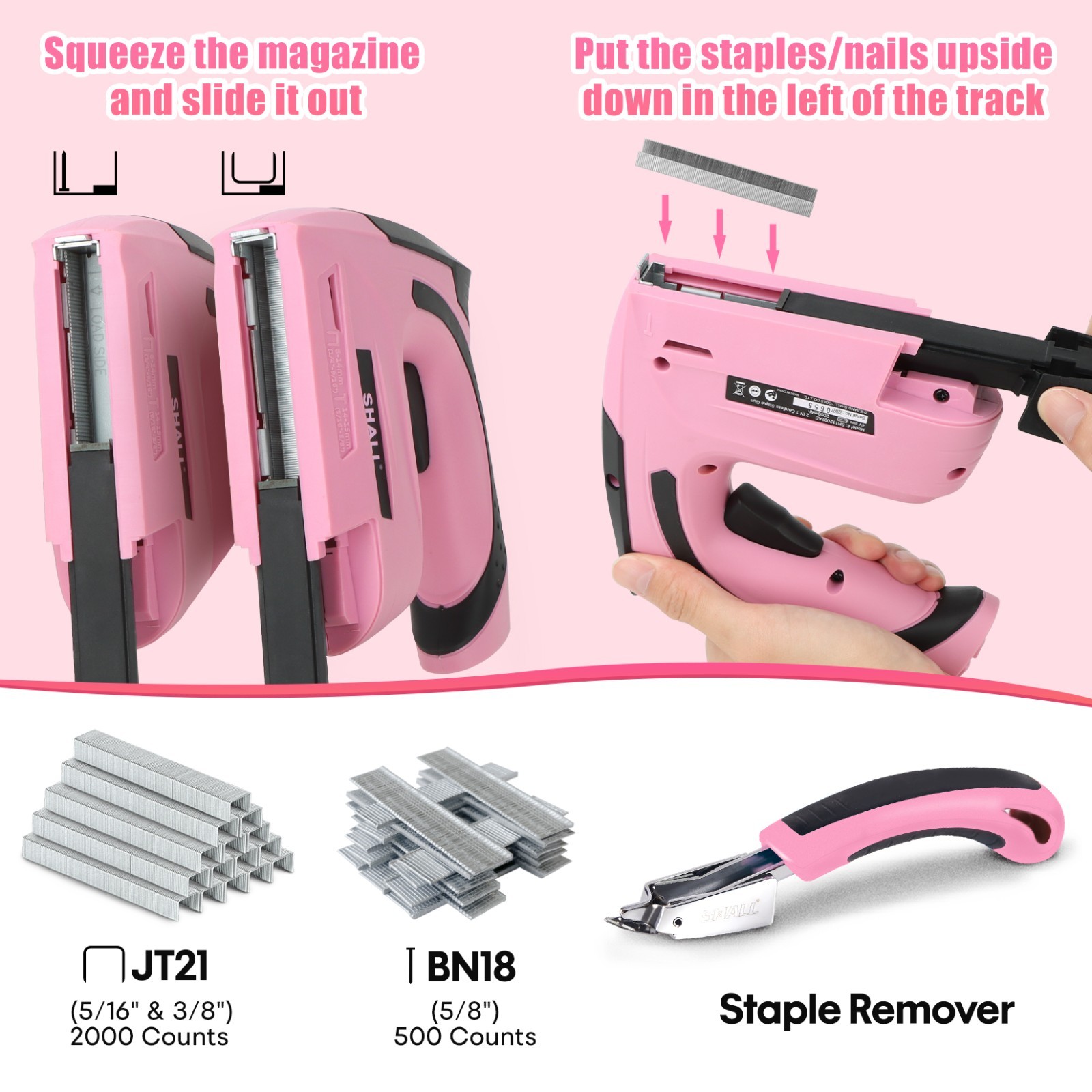 SHALL 4V Pink Electric Staple Gun, 2in1 Stapler Gun,w/ 2500 Staples Nails US