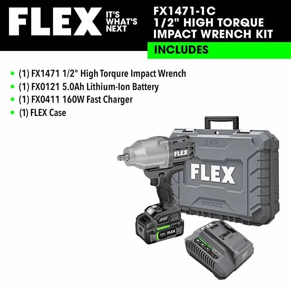 New Flex FX1471-1C 24V 1/2&Prime; High Torque Cordless Impact Wrench Kit, 1150 ft-lbs.