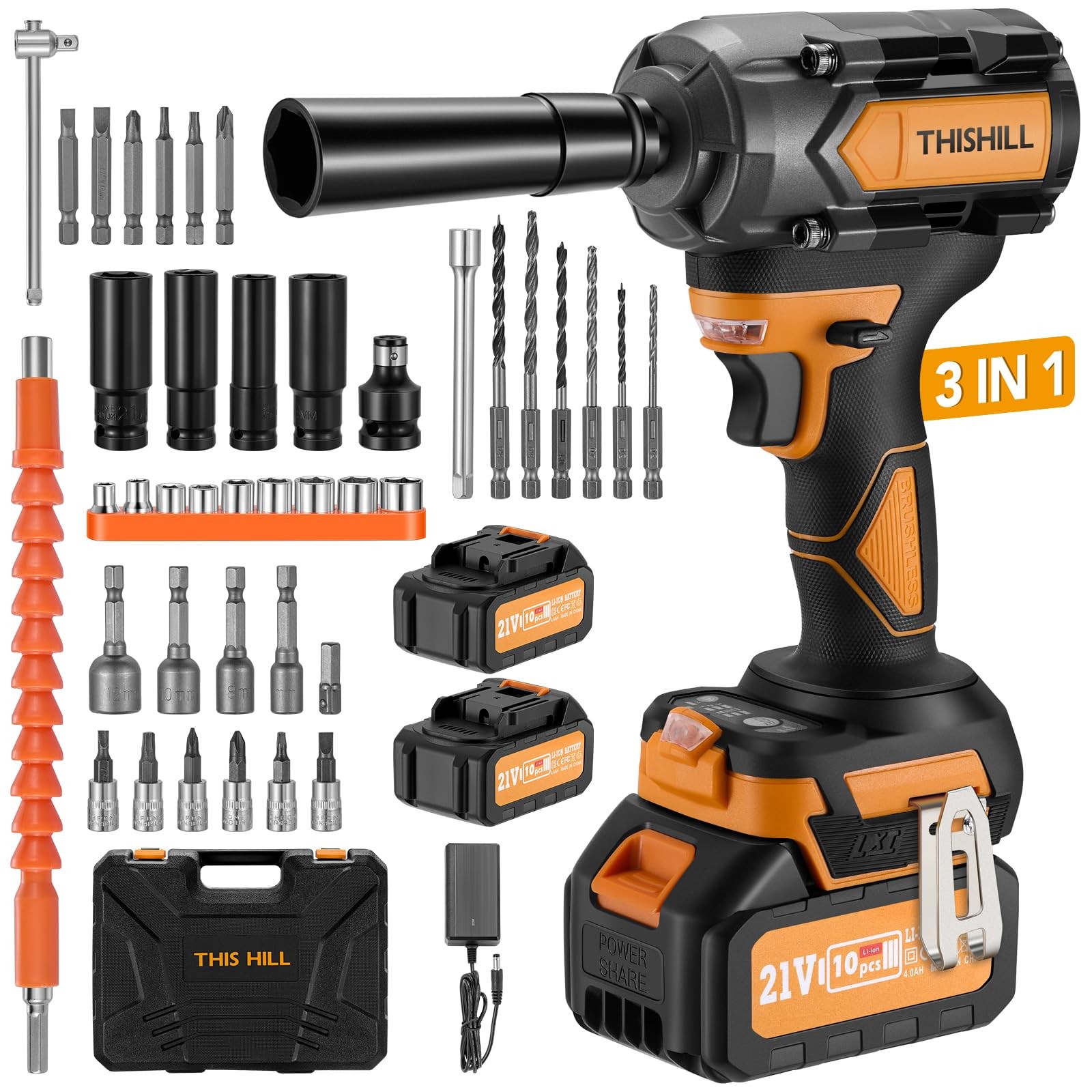 45PCS Cordless Impact Wrench,600Nm(443Ft-lbs),1/2 Inch Brushless lmpact Drive…