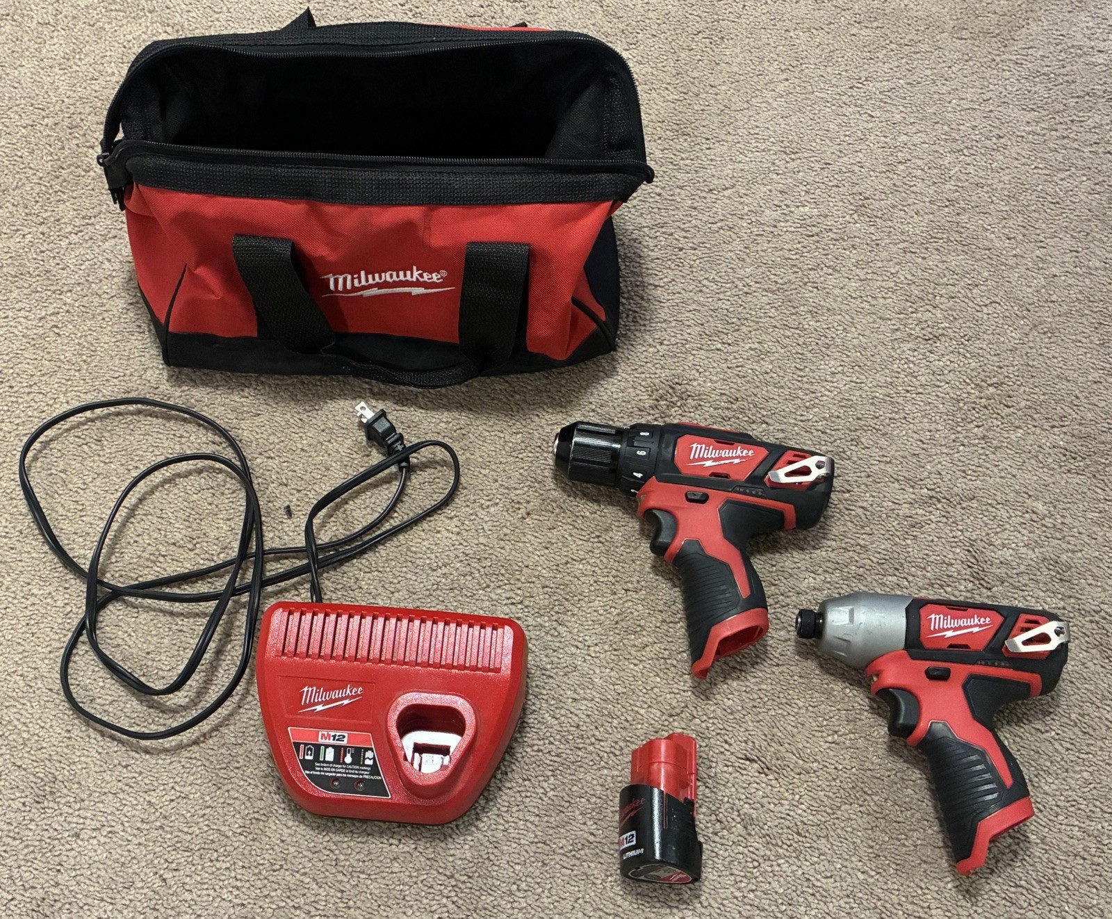 Milwaukee M12 2407-20 Drill/Driver 1/4 Inch Hex Impact 1 Battery-Charger And Bag