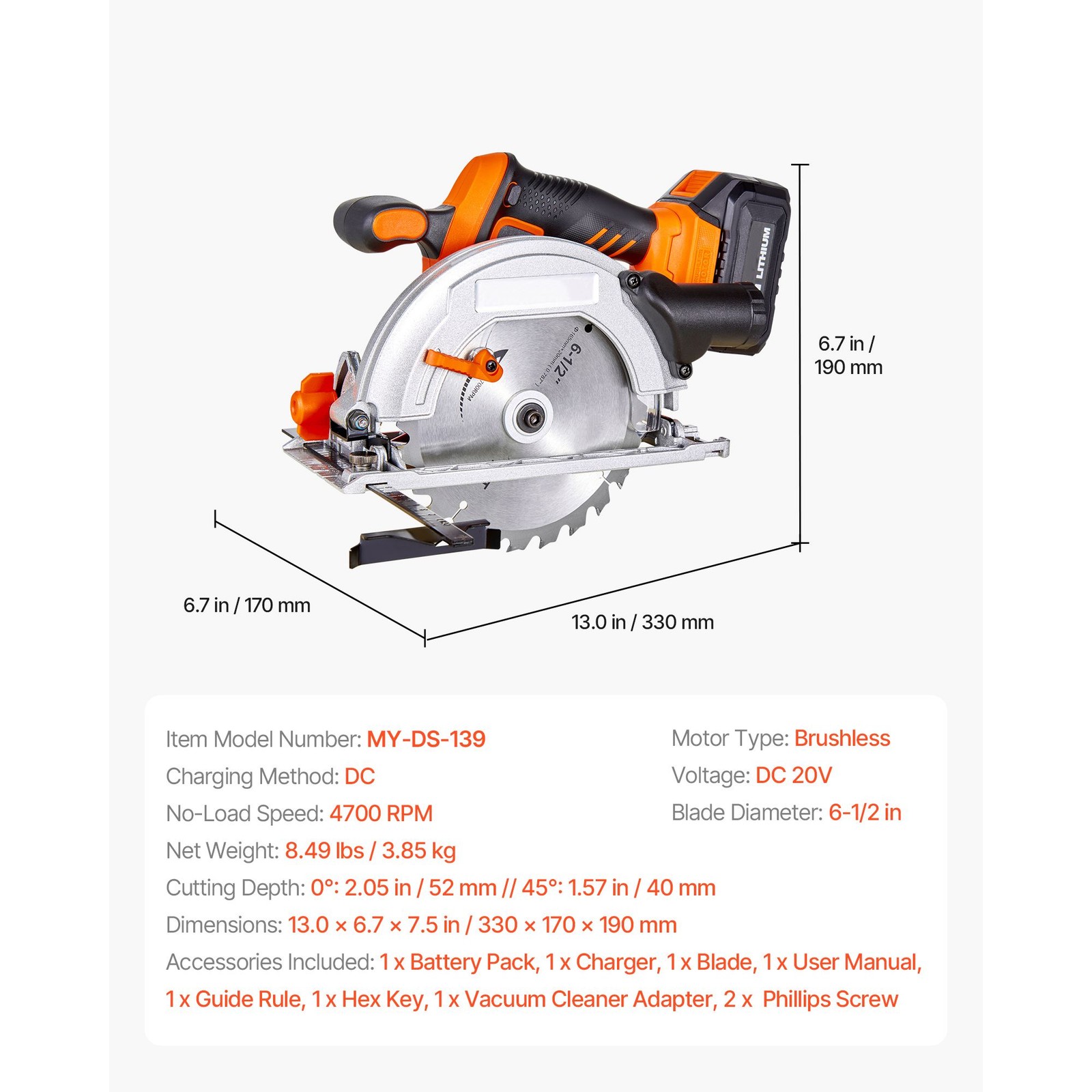 20V 6.5in Circular Saw Kit Brushless Motor 4700 RPM