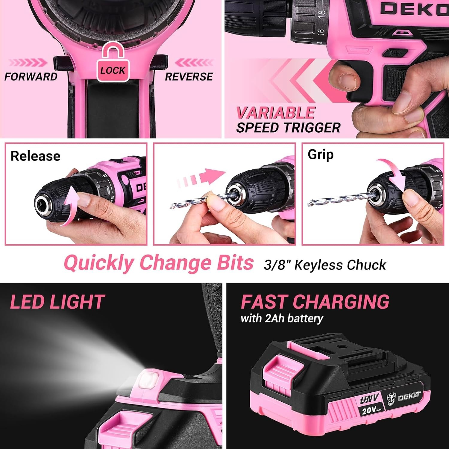 Power Drill Set Pink 20V Cordless Drill Tool Kit with Battery and Toolbox