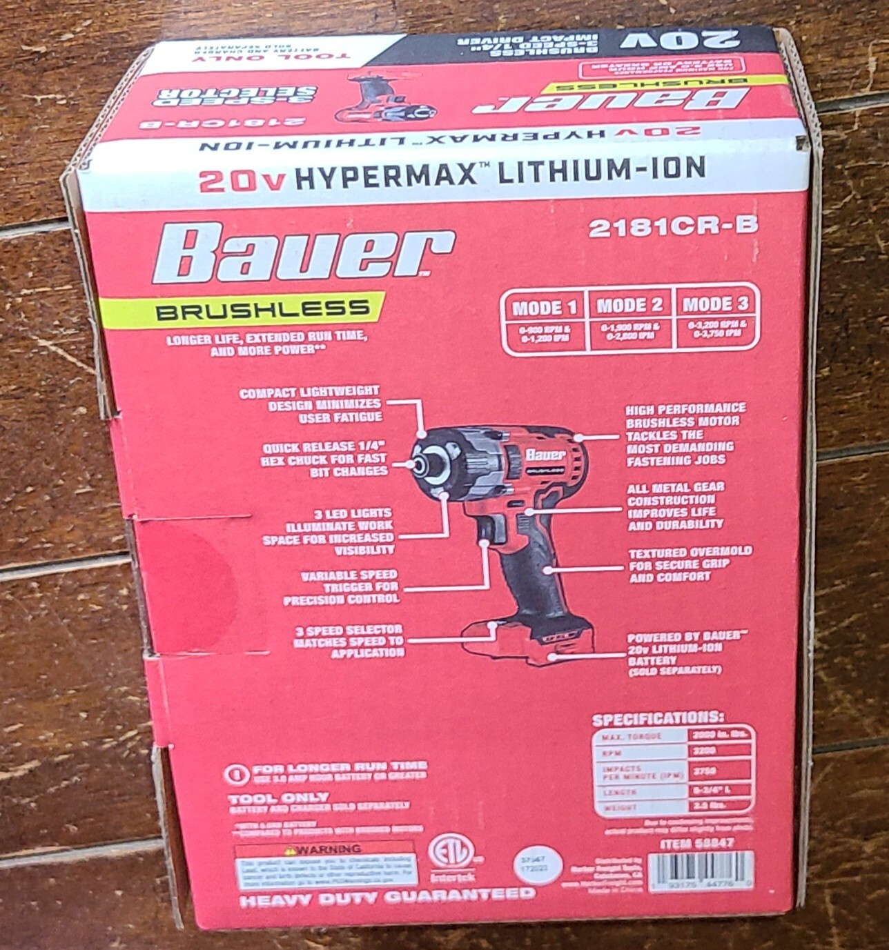 Bauer 20V Brushless 3 Speed 1/4&Prime; Impact Driver -Tool Only- Item #58847