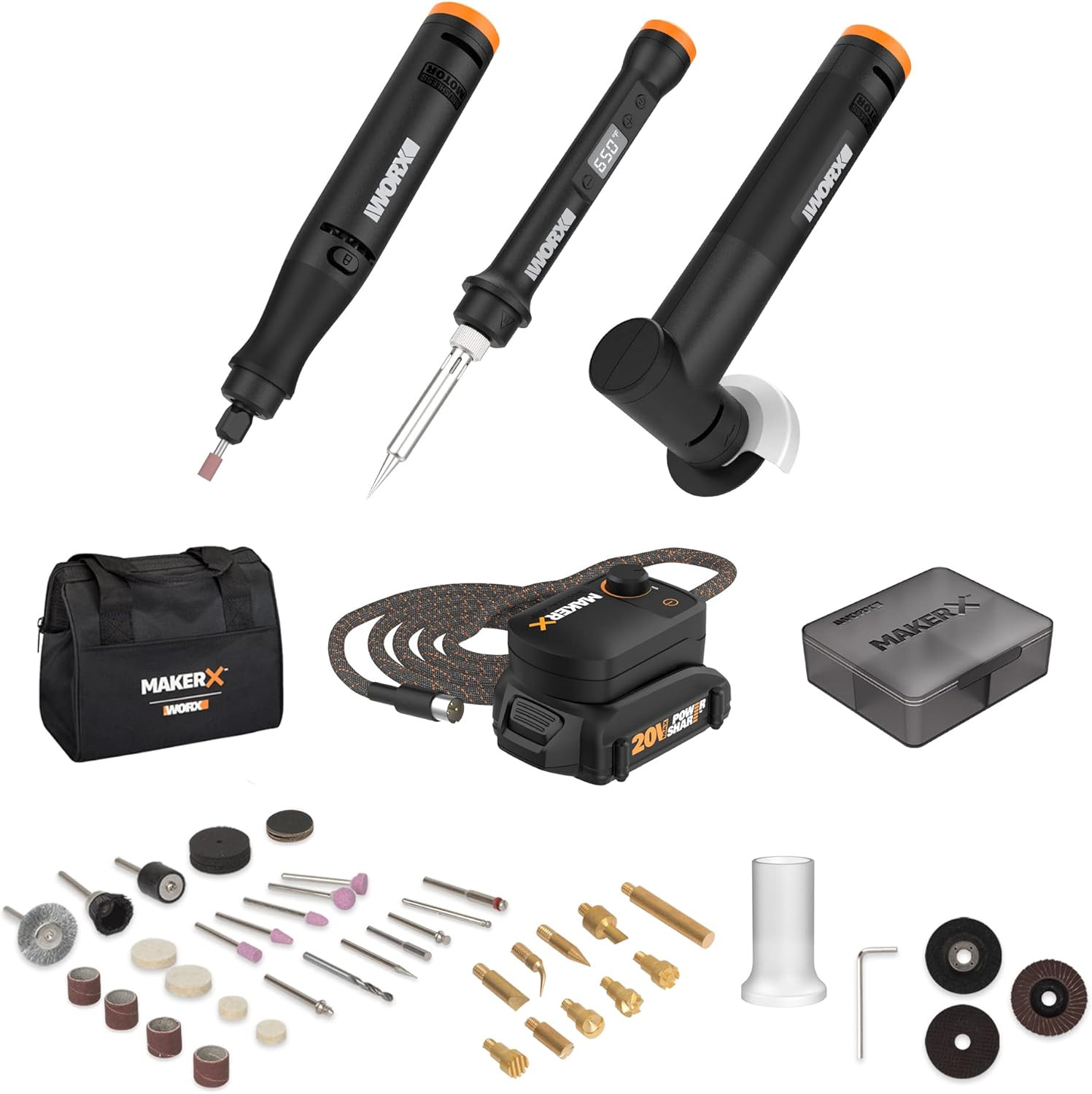 MAKERX WX991L 3Pc Crafting Tool Combo Kit – Rotary Tool + Angle Grinder + Wood &