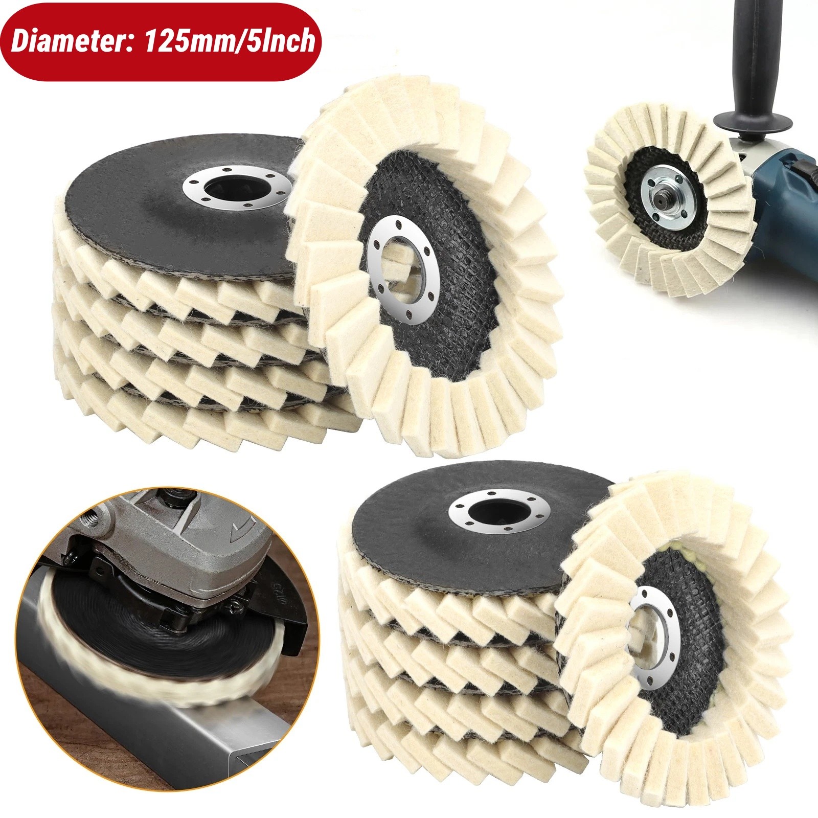 5pcs 5&Prime; Felt Flap Disc Wool Polishing Buffing Wheel Pad for Metal Stone Wood