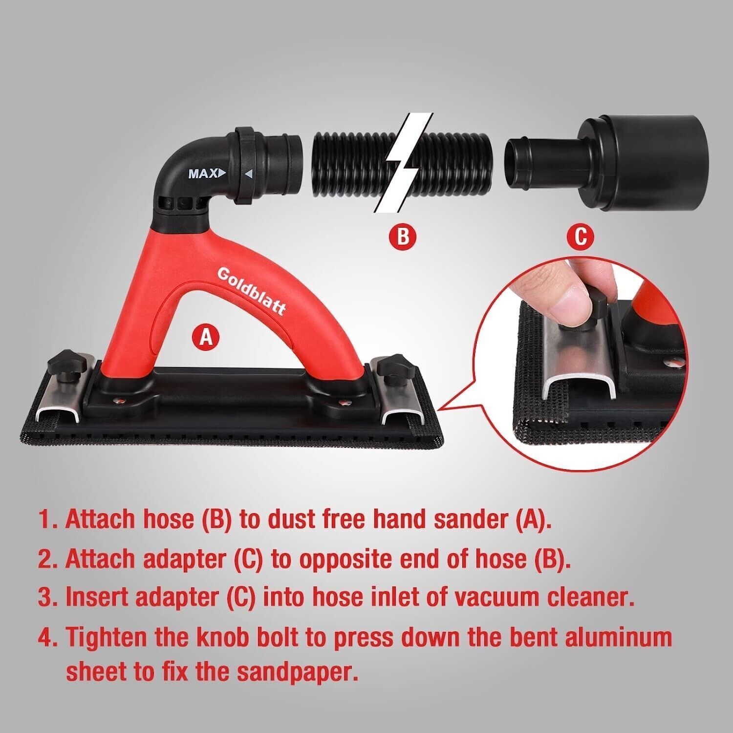 Goldblatt Hand Sander 6.5Amp Dustless Drywall Vacuum 6.5ft Hose Sand Pad Sander
