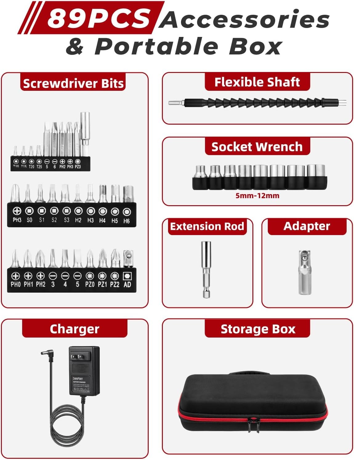 8V Cordless Electric Screwdriver Set, 10Nm, 320RPM, 89Pcs