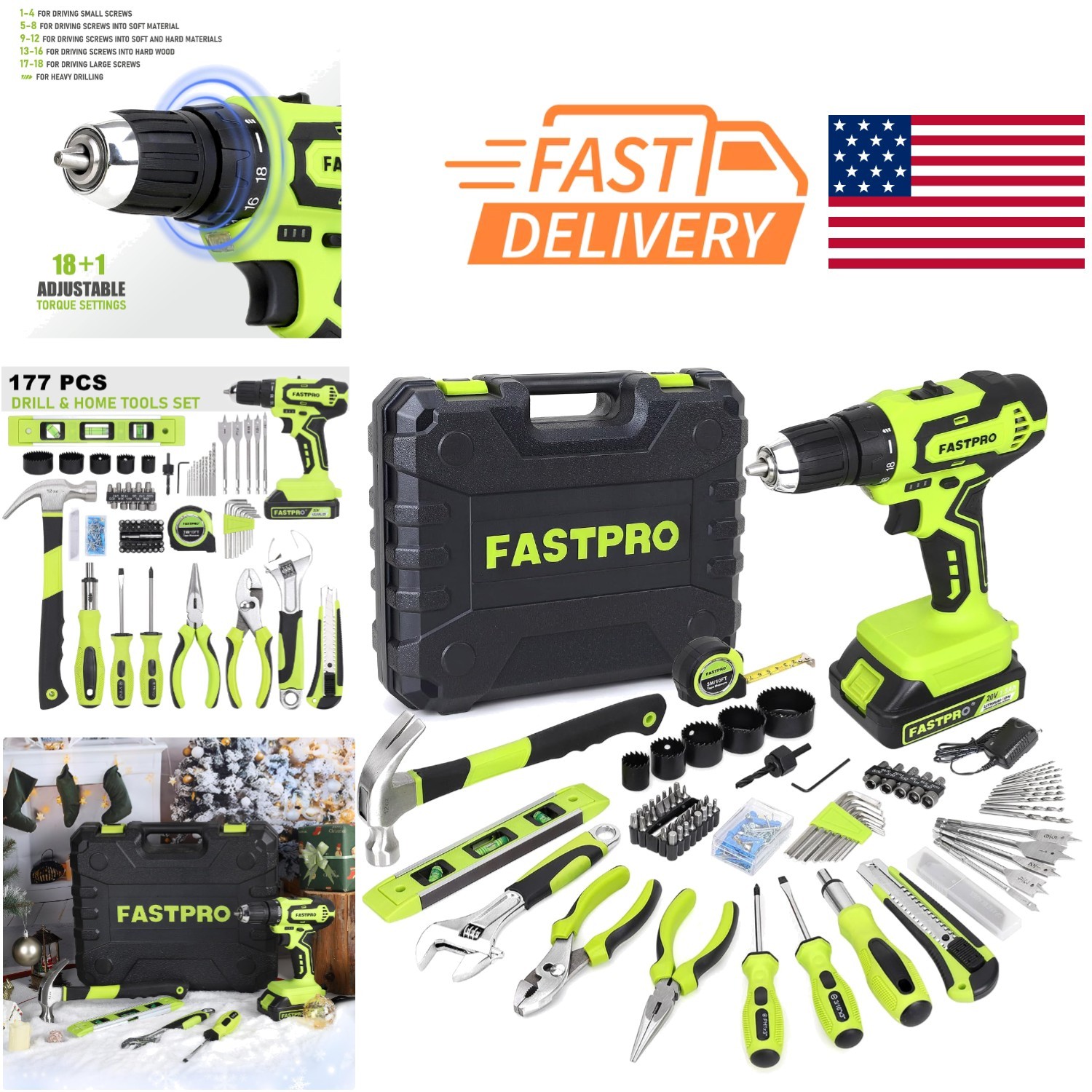 20 Volt Cordless Drill Set with 177 Piece Home Repair Tools in Storage Case