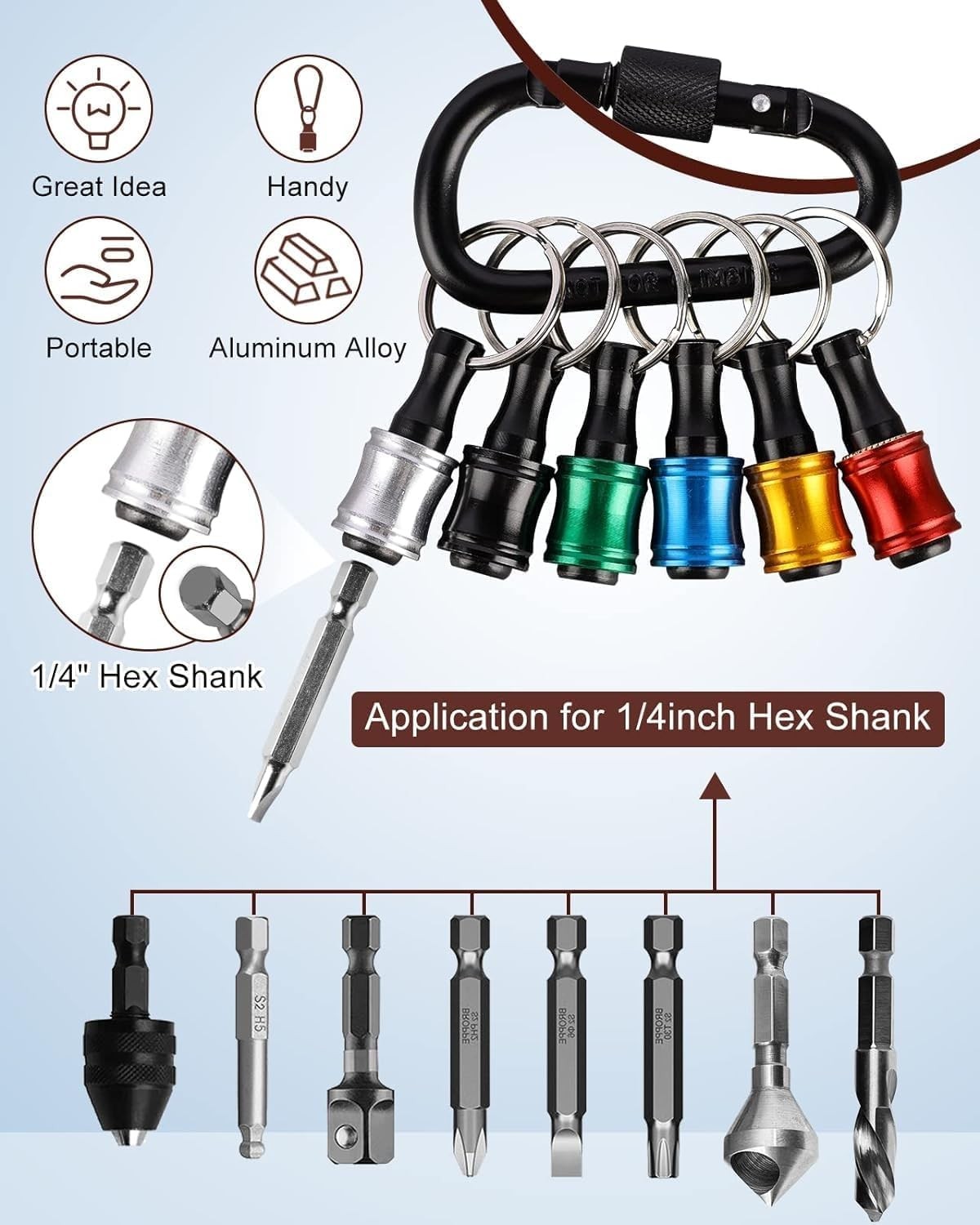 Push to Unlock,Katerk 6pcs 1/4 1 set (1 Carabiner + 6 bit-holders), Black