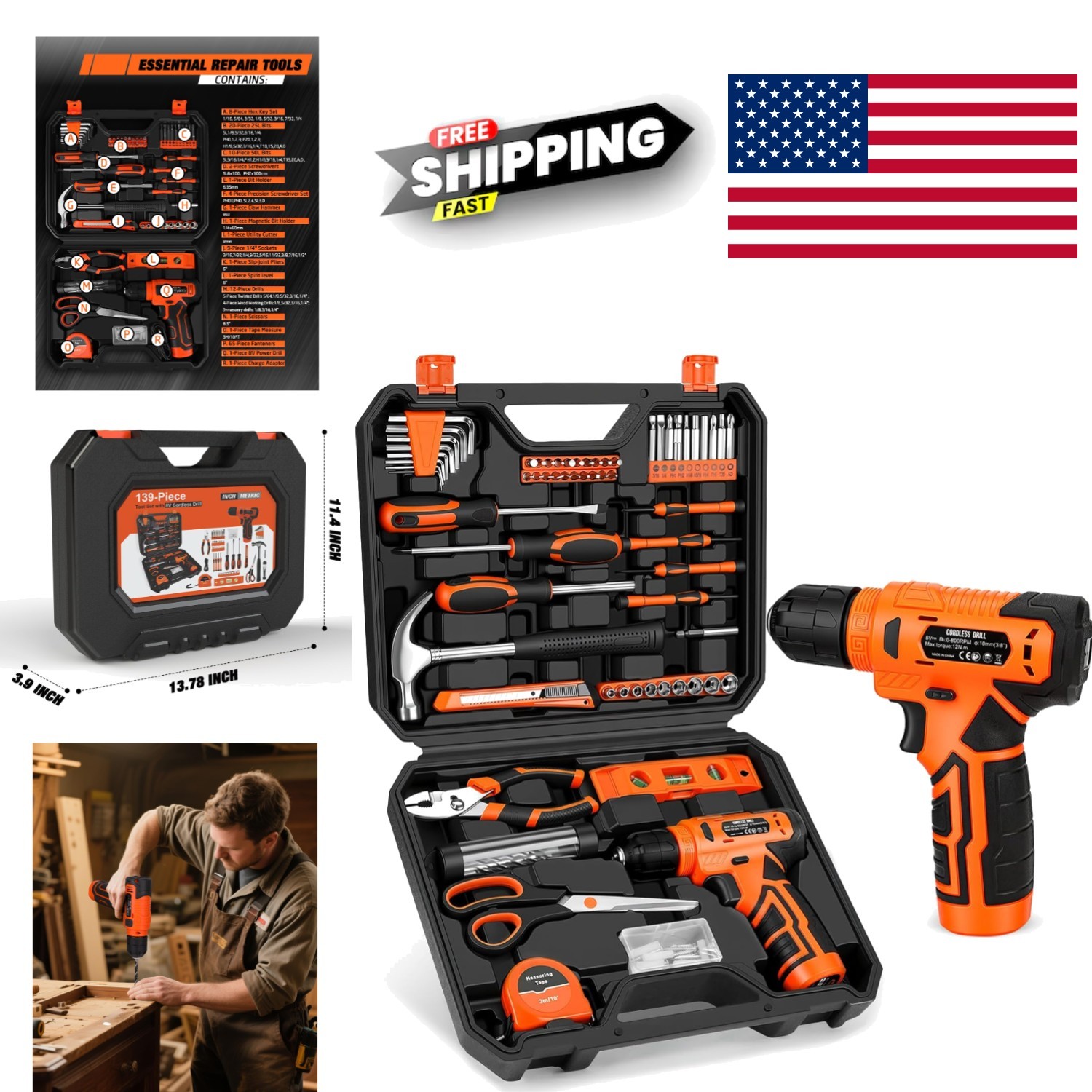 Cordless Drill Tool Set 139 Pieces with Lithium Ion Battery Included