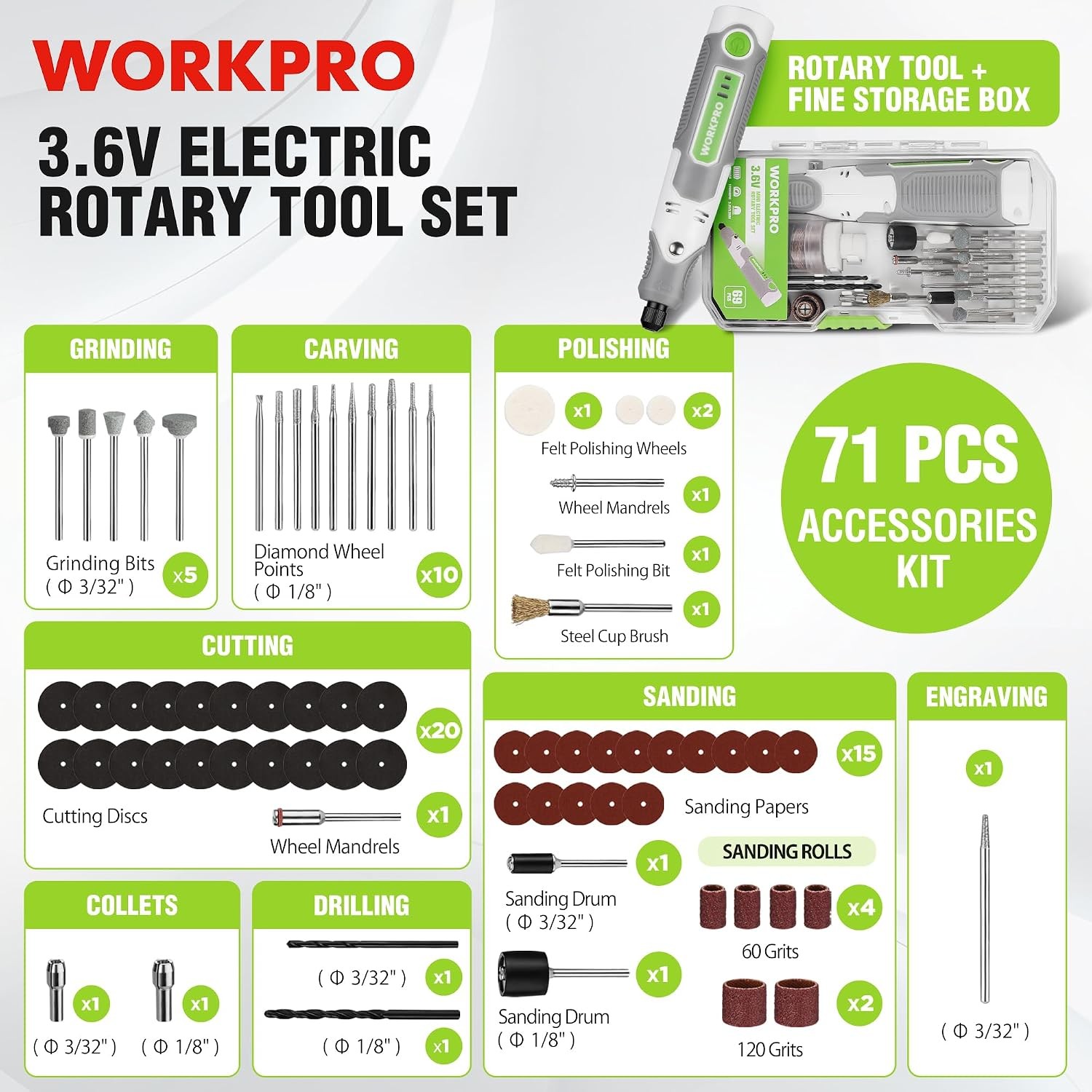 Cordless Rotary Tool Kit 71pc Accessories 3 Variable Speeds USB Powered