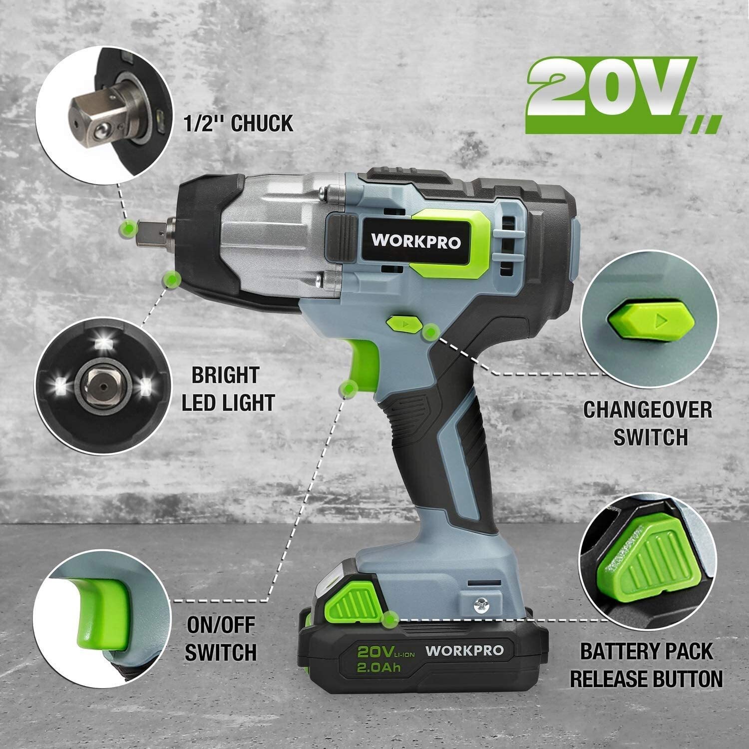 20V WORKPRO 1/2&Prime; Impact Wrench Kit 2.0Ah Li-ion Battery Fast Charger Belt Clip