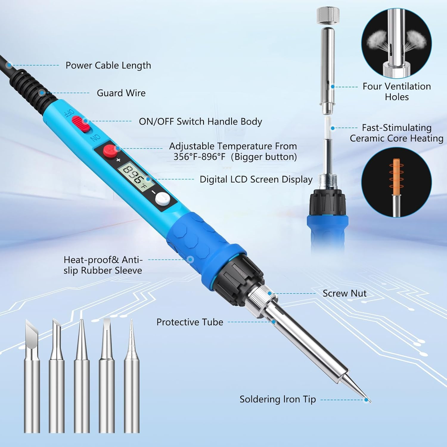 Soldering Iron Kit, 80W 110V LCD Digital Solder Iron Pen with Ceramic Heater, Po