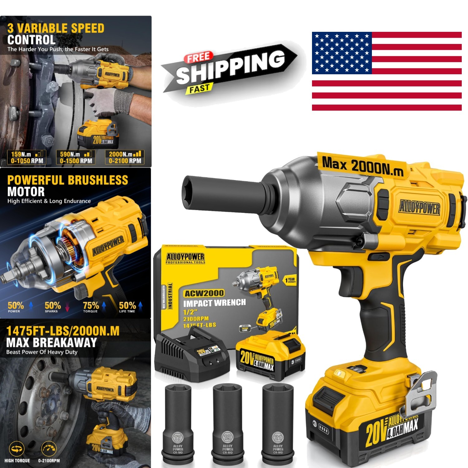 Cordless Impact Wrench 1475 Ft Lbs Torque Brushless Motor with 4000mAh Battery