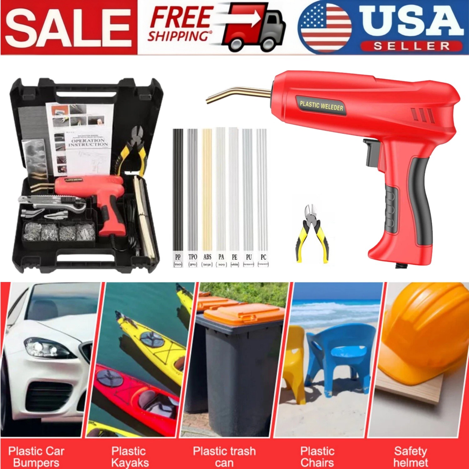200W + 1200 Staples Hot Stapler Gun Plastic Repair Car Bumper Fender Welder Kit