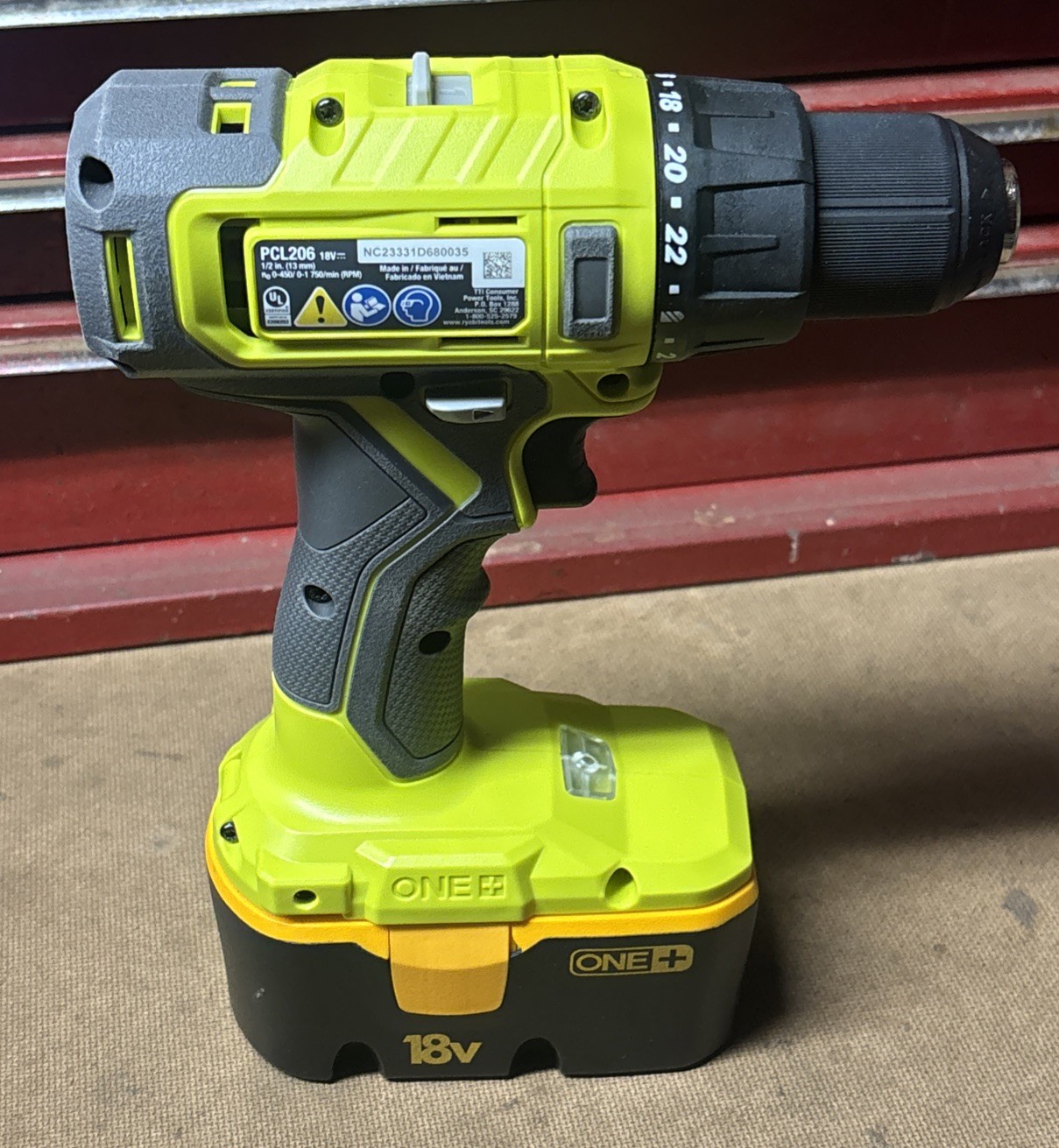 Ryobi PCL206 18V ONE+ Cordless Drill Driver 1/2 In Green. P100 Battery Included