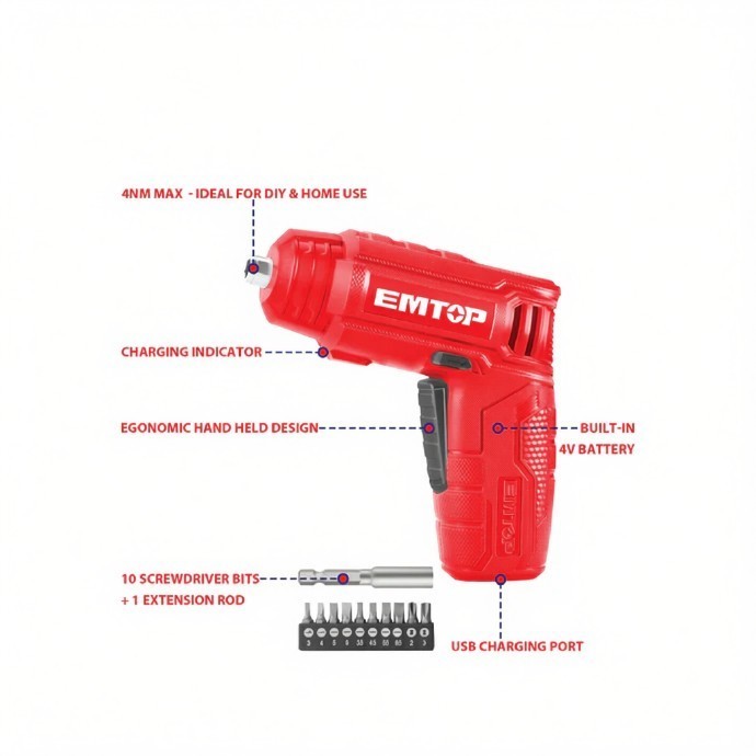 EMTOP 4V Lithium-Ion cordless screwdriver ECSR0402 Hex Shank:1/4&Prime;