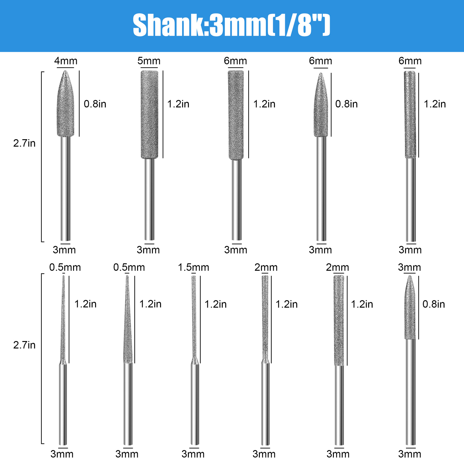11x Diamond Burr Bits Rotary Tools Kit 1/8&Prime; Shank For Carving Grinding Polishing