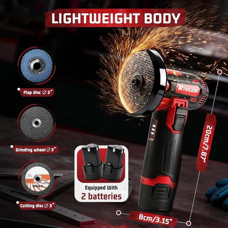 Cordless Mini Angle Grinder 12V High Speed Motor 1500mAh Battery 2 Discs Tools