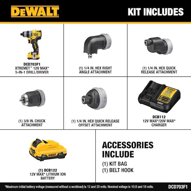 NEW Genuine DeWALT DCD703F1 12V Extreme MAX 5-In-1 Drill/Driver Kit