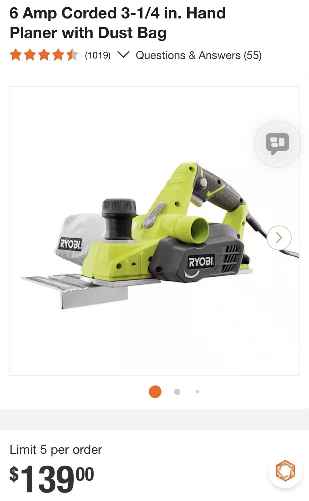 RYOBI 6 Amp Corded 3-1/4 in. Hand Planer with Dust Bag