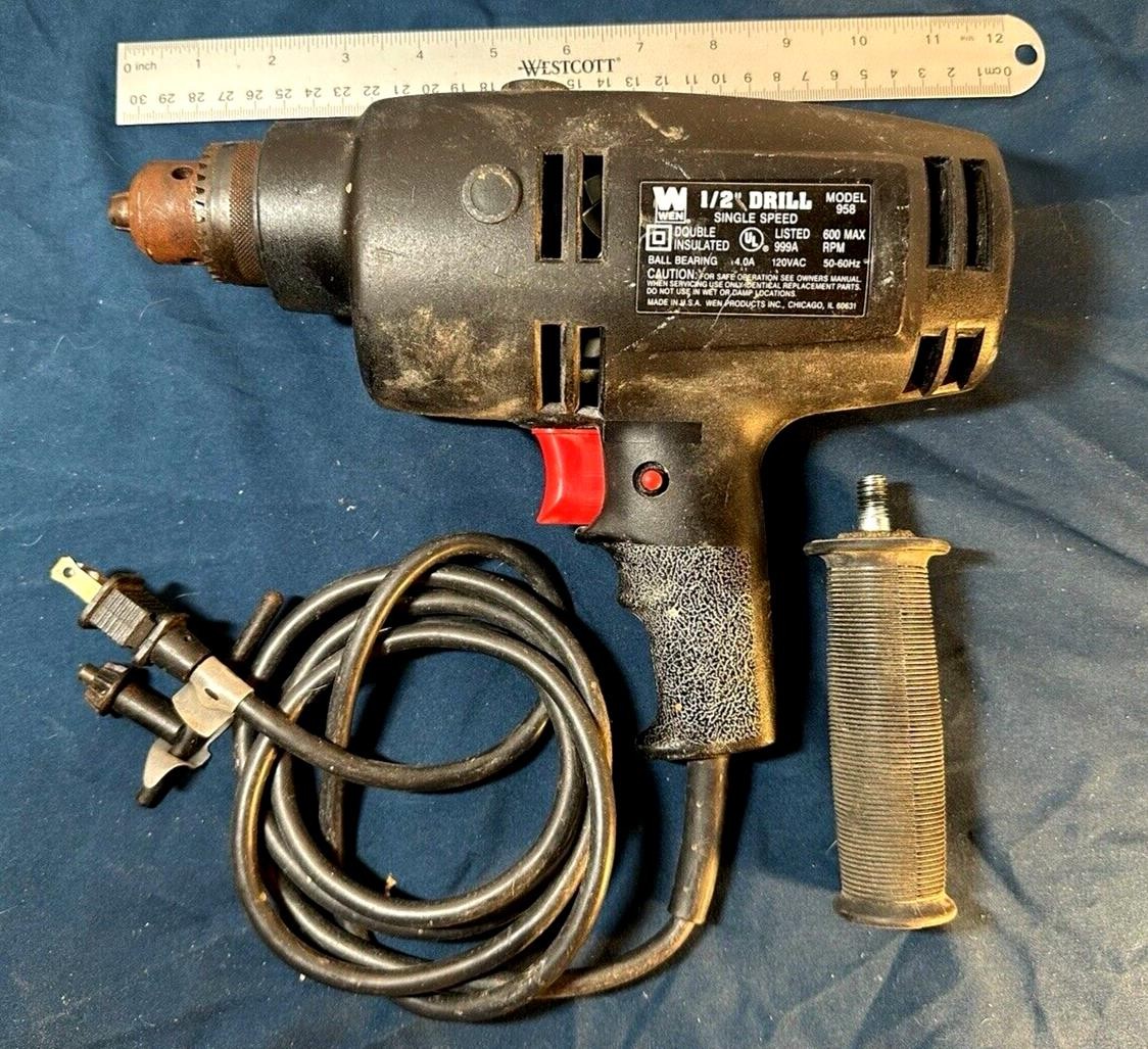 Vintage WEN 958 Single Speed 1/2 Drill With Handle. MADE IN USA – Working (G)