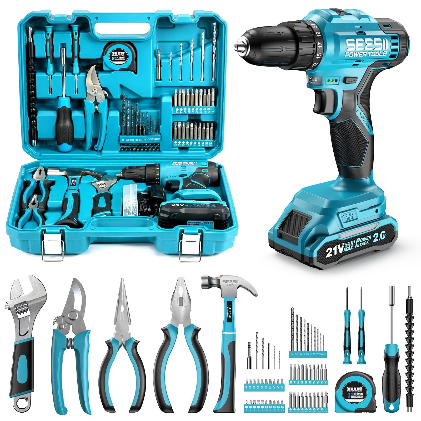 Seesii 21V Power Drill Set, 190Pcs Tool Kit with Toolbox for Home DIY Blue