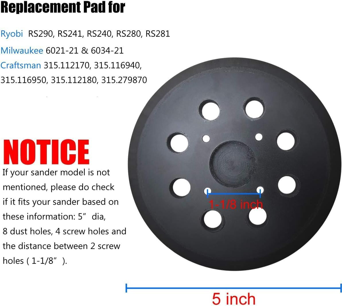 2 Pack 5&Prime; Universal Hook and Loop Orbital Sander Pad for Ryobi RS290, RS240, RS2