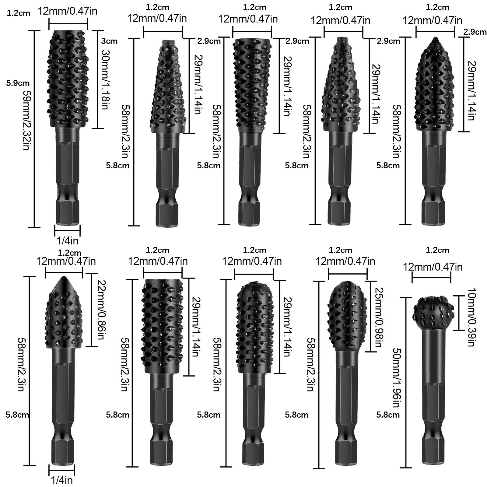 10pcs Rotary Burr Set Wood Carving Bits 6.35mm 1/4 Shank Rotary Rasp Elec