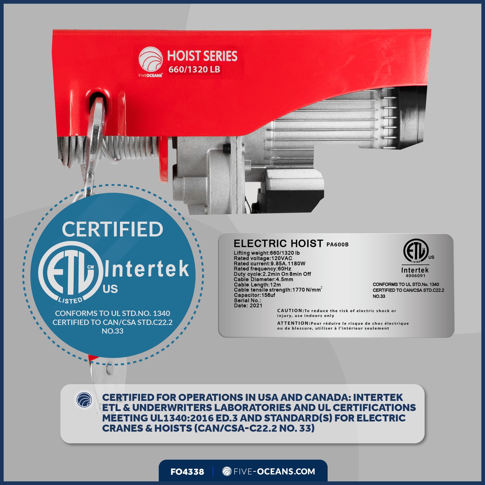 Electric Hoist Hoist Pulley System, 1320 Lb Electric Winch with 20 Ft Control