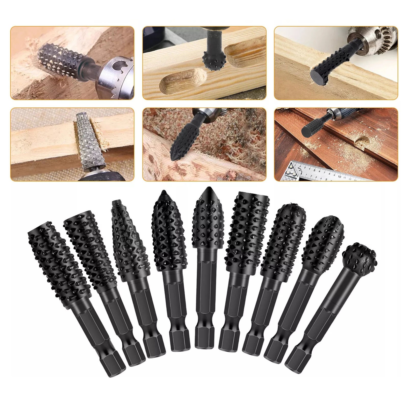10x 1/4in Shank Steel Rotary Burr File Rasp Drill Bits Tool For Wood Carving