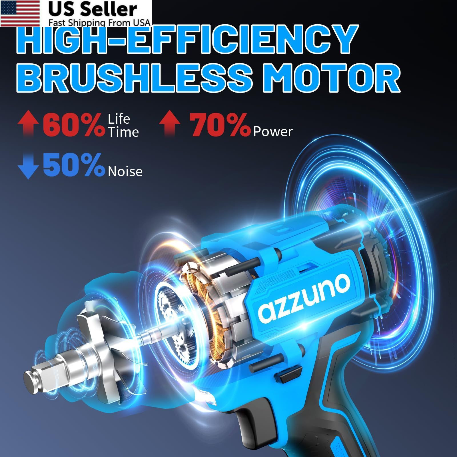 AZZUNO Brushless 1/2 inch Electric Cordless Impact Wrench, 800N.m (590 Blue