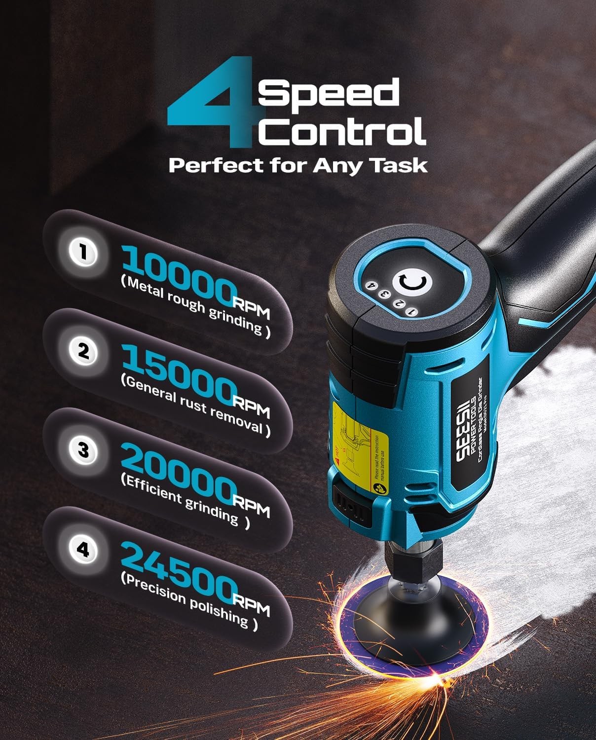 SEESII Brushless Electric 1/4&Prime; Right Angle Die Grinder Cordless 2×2.0Ah Battery