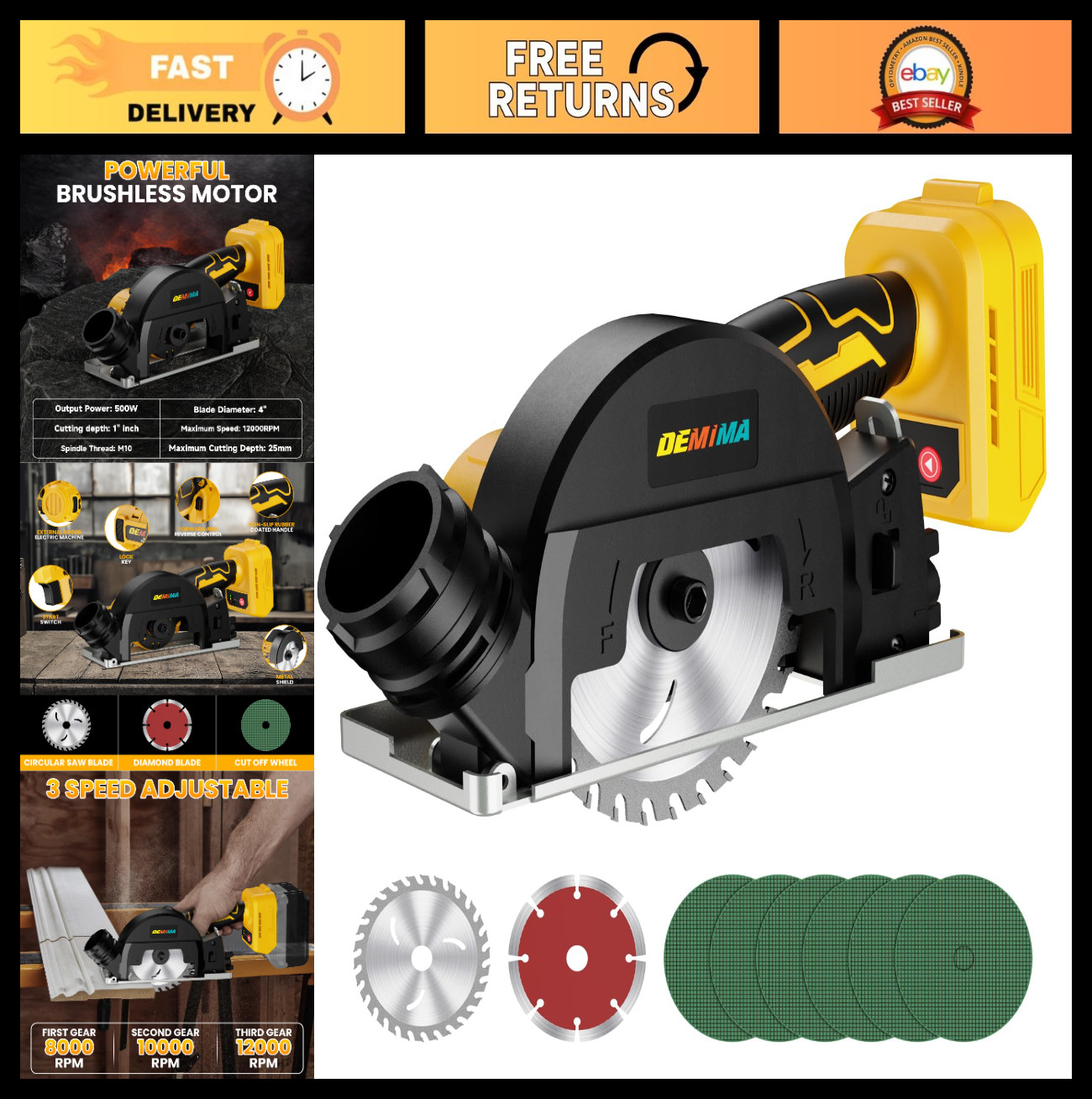 4&Prime; Brushless Cordless Cut-Off Tool, 500W Mini Saw, 12000RPM, 6 Wheels & Blades