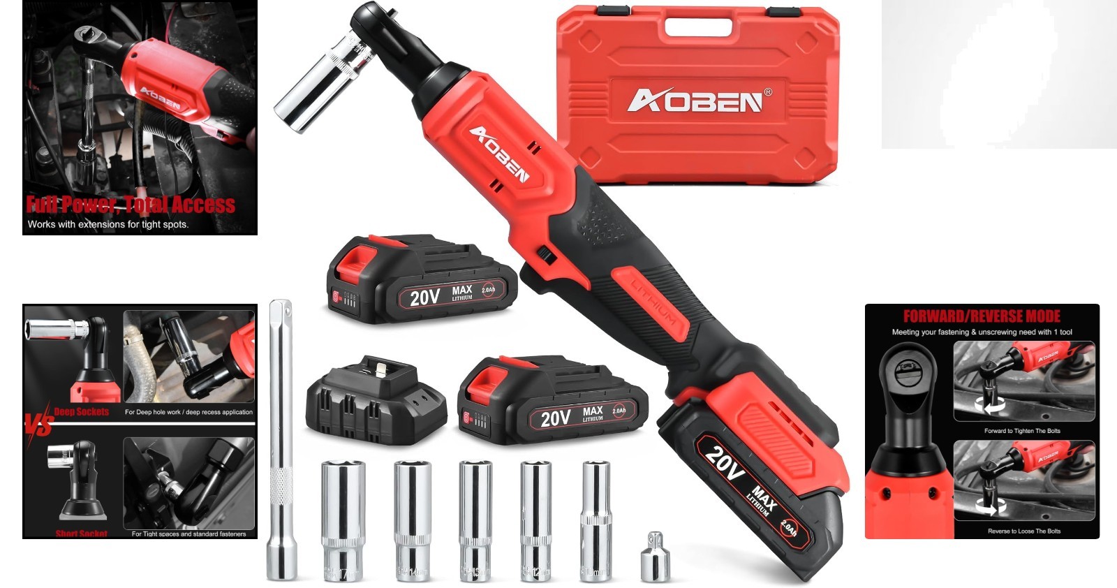 Powerful 60 Ft-lbs 20V Cordless Ratchet Wrench Kit with LED Light & Safety Lock
