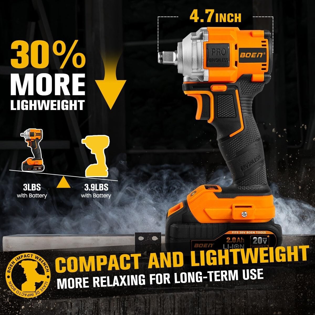 boen Cordless Impact Wrench 1/2 inch, 260FT-LBS, Brushless 2500RPM IW-79 Battery