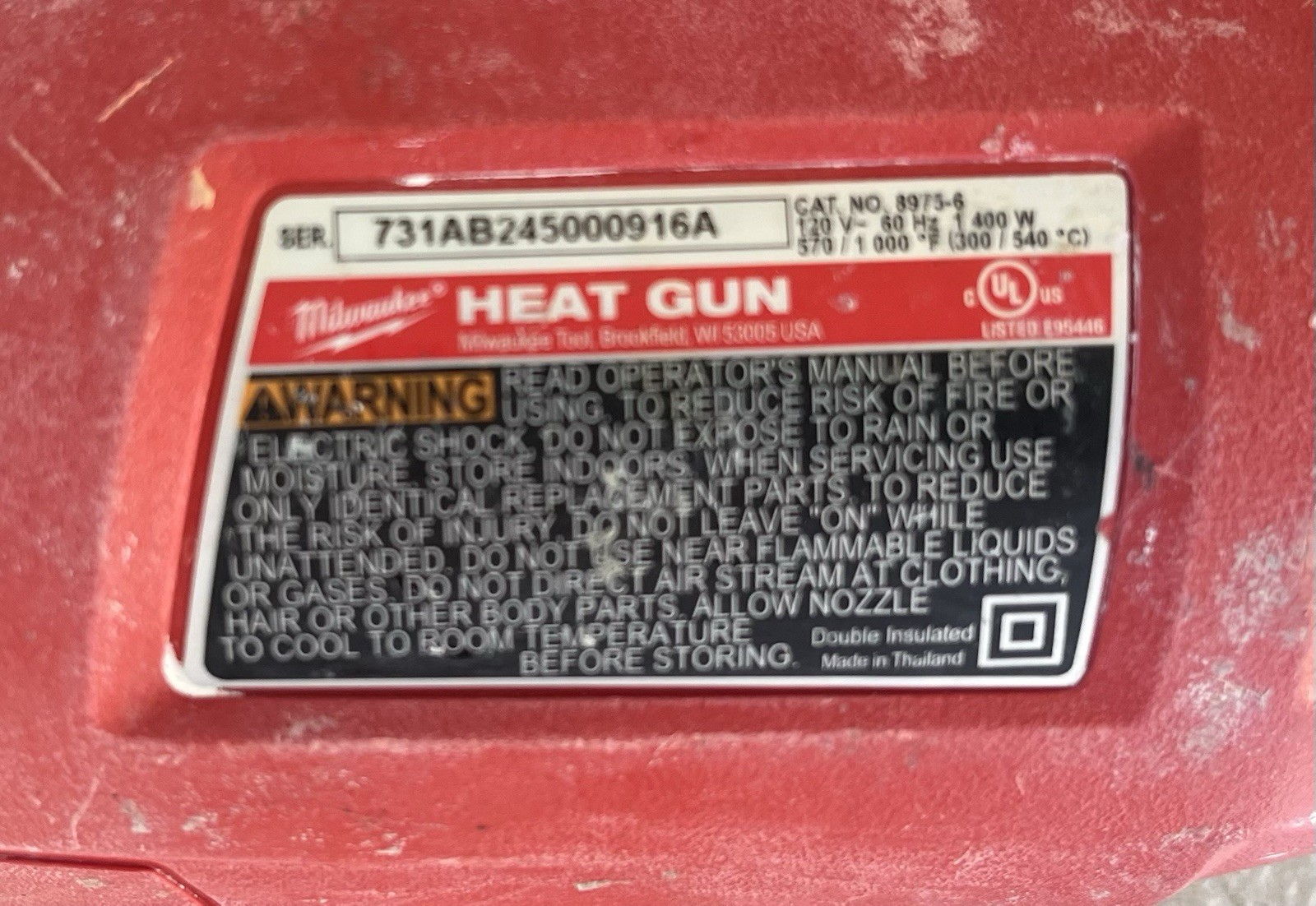 Milwaukee 8975-6 Dual Temperature Heat Gun (Parts Or Repair Only) DATE CODE 2450