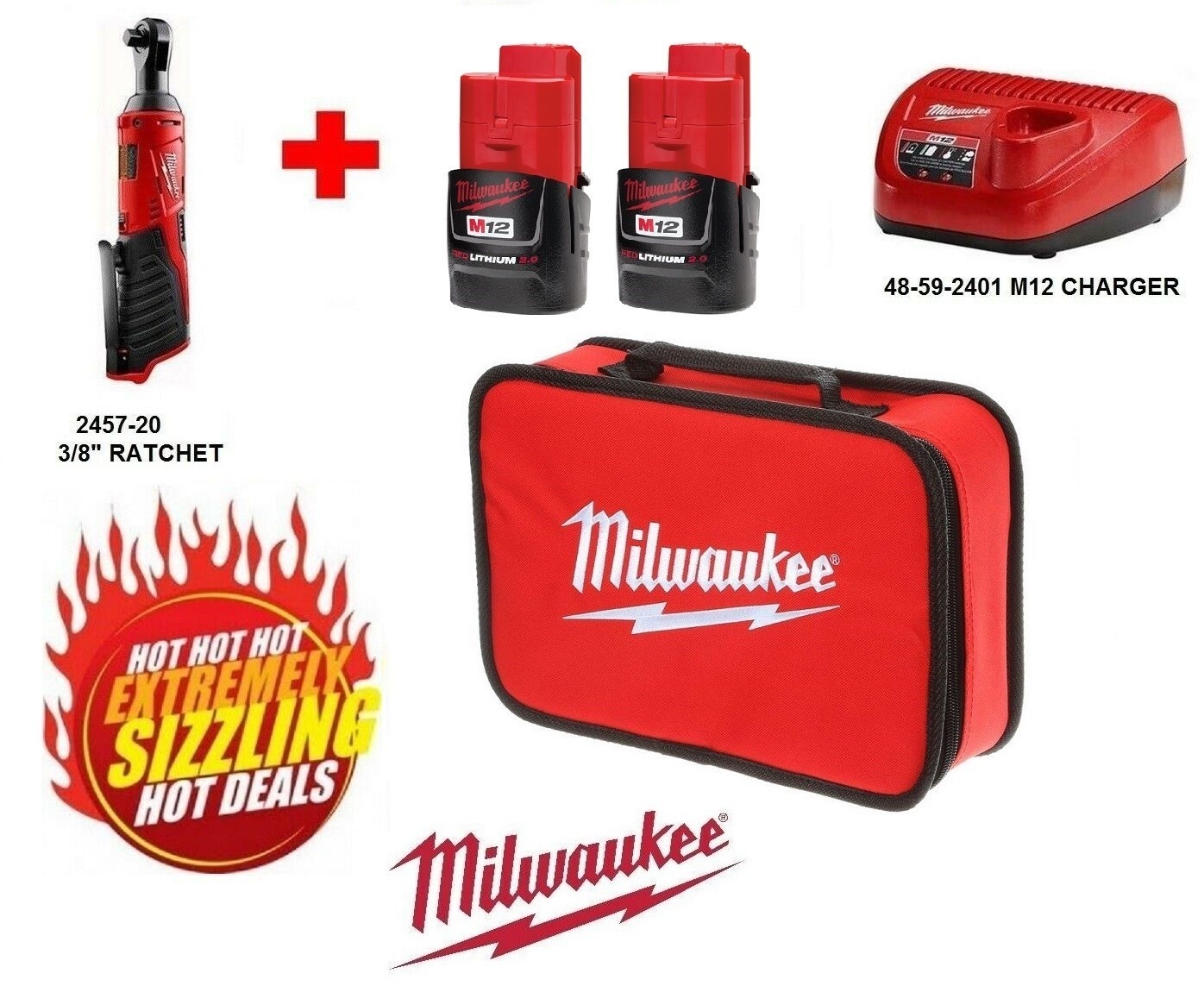 New Milwaukee 2457-22 M12 3/8&Prime; Ratchet Cordless Kit – (2) 2A/H BATTERIES
