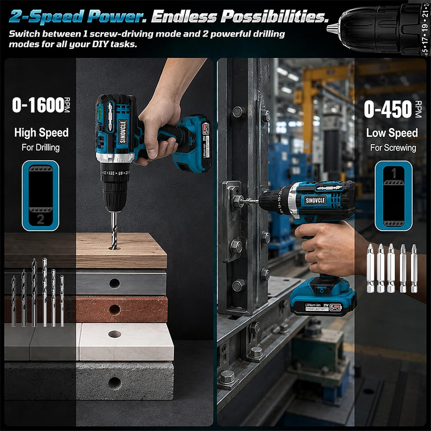 21V Cordless Drill with 2 Batteries 50Nm High Torque Power Drill Driver 25+3 Clu