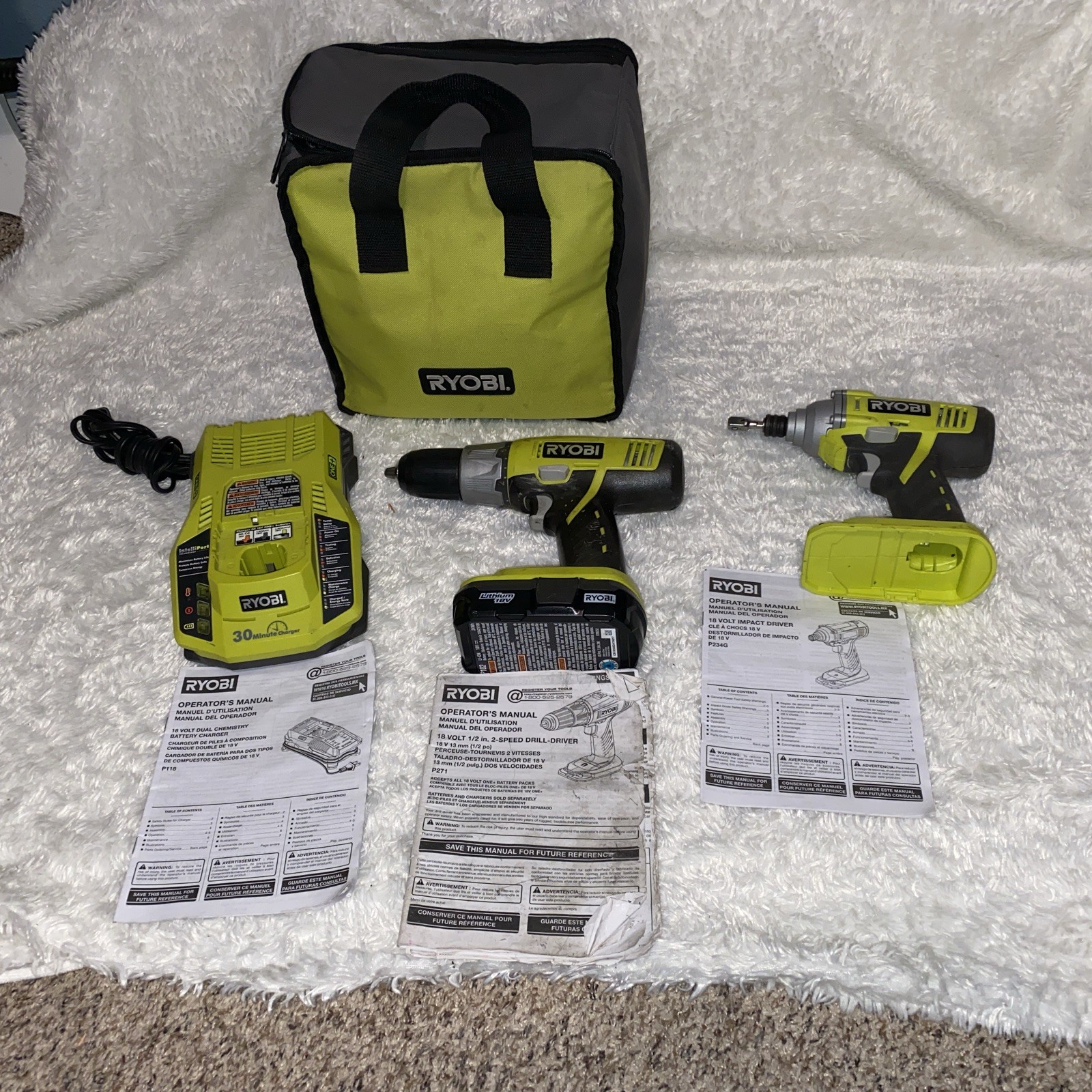 Ryobi 18V Brushless Cordless 1/2&Prime; Dril & Impact Drill Set w/charger plus Battery