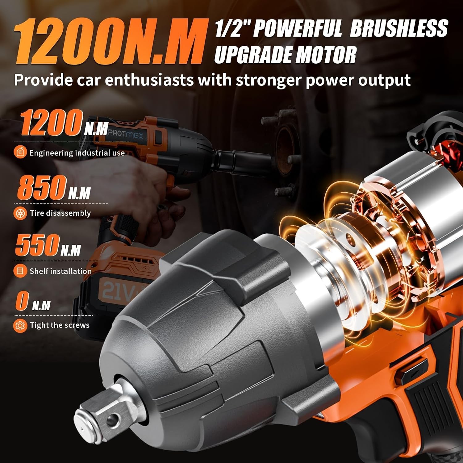 Cordless Impact Wrench 900Ft-lbs & 21V Brushless Motor with 2 Batteries