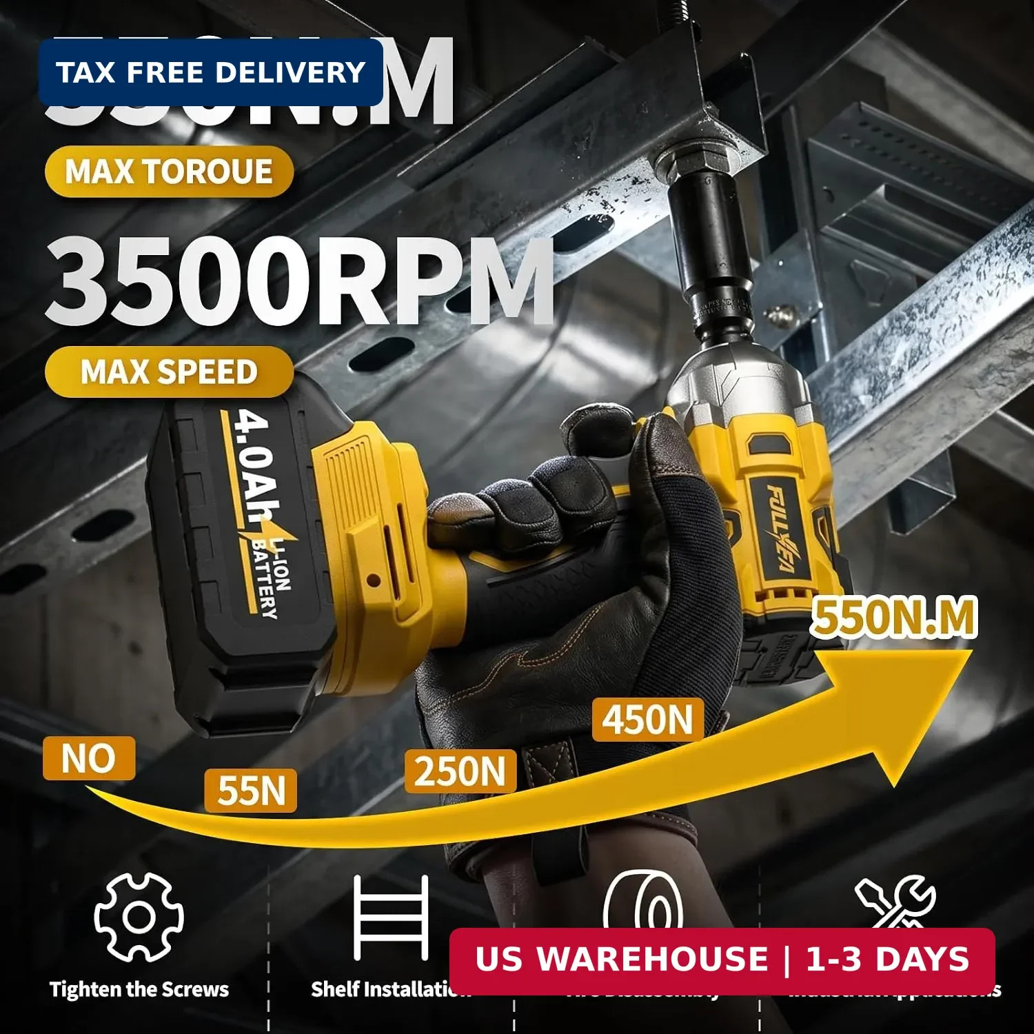 FULLYEA Cordless Impact Wrench 1/2, Max 550N. M/406Ft-lbs High Torque Brushless