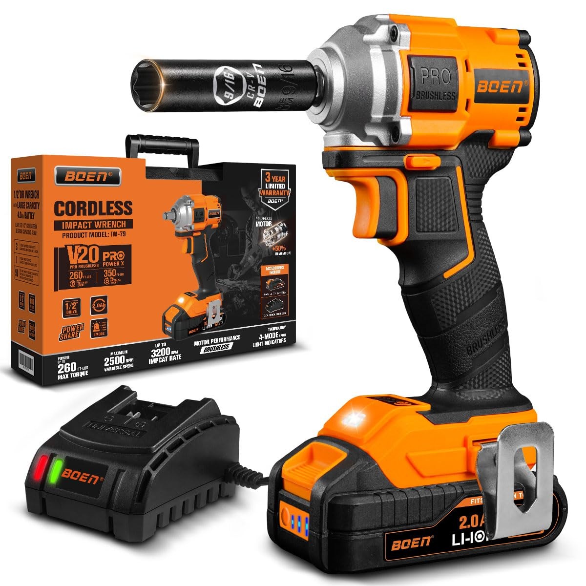 260FT-LBS(350N.m) Cordless Impact Wrench 1/2 inch, Lightweight Brushless Elec…