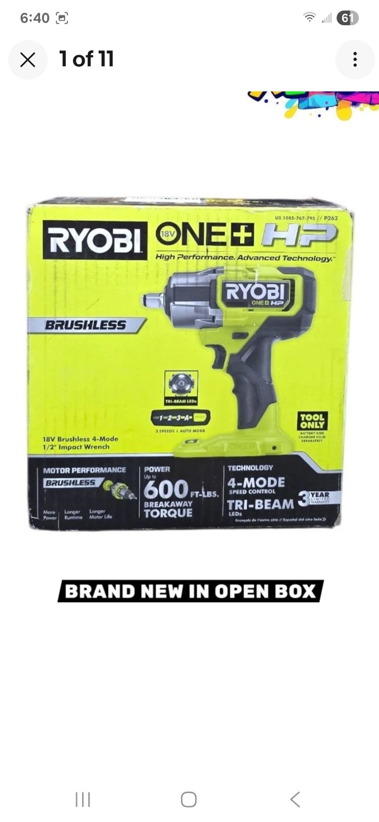 Ryobi ONE+ HP 18 Volt Cordless Brushless 4-Mode 1/2&Prime; Impact Wrench -TOOL ONLY