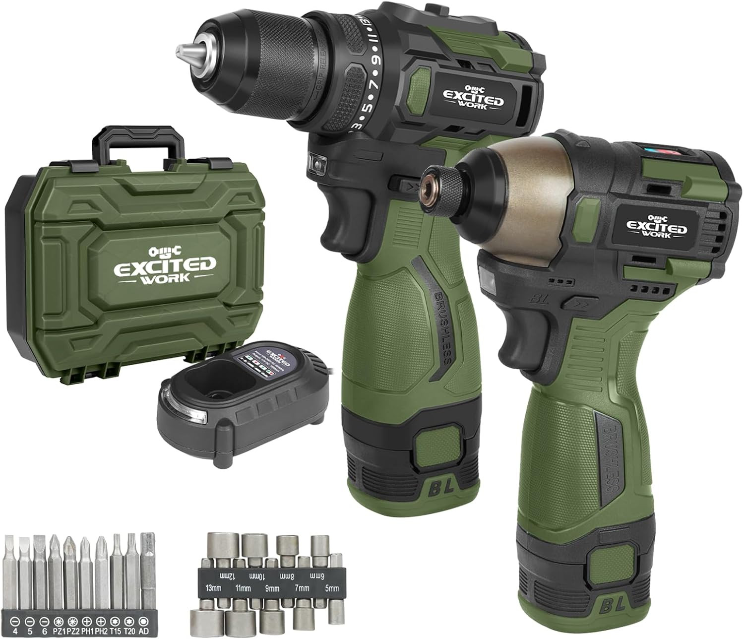 17V Brushless Screwdriver Drill Set, 140Nm Cordless Impact Driver & 55Nm Electri